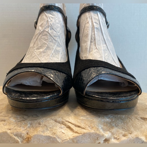 Franco Sarto Sulu Black Sueded Leather Snake Print Peep Toe Platform Pumps Sz 10 - Picture 12 of 13